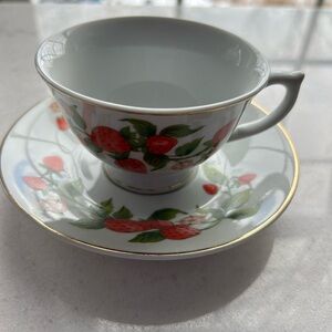 Vintage Teleflora Strawberry Vine Porcelain Footed Tea Cup and Saucer Set
